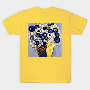 Cute Abstract Flowers in a Blue and Gold Vase Still Life Painting T-Shirt